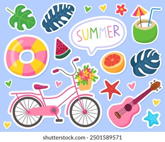 Summer cute vector illustration. Stickers, summertime elements. Bicycle, ukulele guitar, coconut, palm and monstera leaves, starfish, orange, inflatable ring, watermelon, flowers and hearts. 