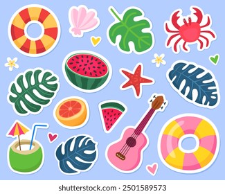 Ilustración vectorial linda del verano. Pegatinas, Elementos de verano. Guitarra Ukulele, 
cangrejo, coco, palma y hojas de monstruo, estrella de mar, naranja, anillo inflable, concha, sandía, flores y corazones. 