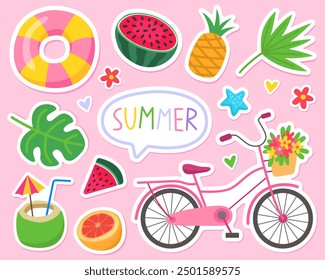 Summer cute vector illustration. Stickers, summertime elements. Bicycle, pineapple, coconut, palm and monstera leaves, starfish, orange, inflatable ring, watermelon, flowers and hearts. 