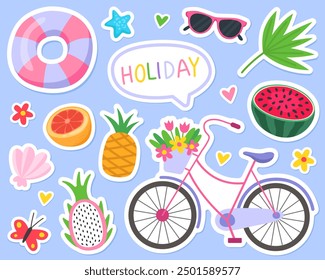 Summer cute vector illustration. Stickers, summertime elements. Bicycle, dragonfruit, watermelon, pineapple, shell, sunglasses, inflatable ring, starfish, butterfly, orange, leaf, flowers and hearts. 