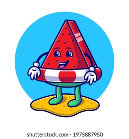 Summer with Cute Watermelon using swimming float flat illustration. Hello Summer Food and Fruits concept flat cartoon style