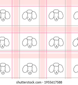Summer cute white pattern with dog poodle pet. Seamless background. Textiles for children in pink cage for kitchen. Minimalism paper scrapbook.