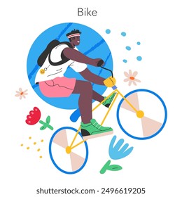 Summer cycling illustration. A person enjoys a bike ride amidst cheerful floral elements, evoking a sense of leisure and outdoor fun. Vector illustration.