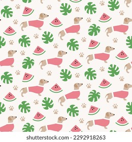 Summer dachshund dogs seamless patterns. Printable digital papers. Seamless funny puppy pattern background. monstera watermelon paws