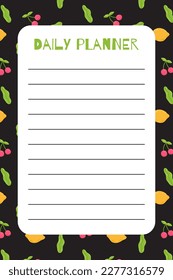 Summer daily planner template with cute sweet cherry and lemon. Hand drawn flat cartoon elements. Vector illustration