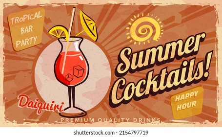 Summer Daiquiri Cocktail Retro banner. Cocktail lounge vintage background, scratched old textured paper