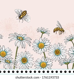 Summer Daisies and Bees Vector Seamless Horizontal Border