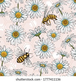 Summer Daisies and Bees Vector Seamless Pattern Design