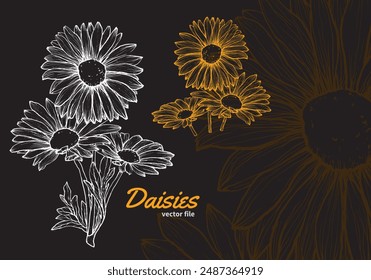 Summer daisies hand drawn in yellow and white on a black background. This file is ready to use, easy to edit for anything like wedding invitations, welcoming cards, labels, banners. 