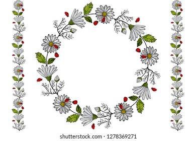 Summer with daisies and ladybug endless horizontal brush. Endless horizontal border and flower garland, circle. Good fit for your design, easy to use. Vector illustration. EPS 10.