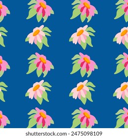 Summer daisy background Dark blue seamless pattern Summer pink meadow flowers ornament Template packaging poster Wallpaper chintz cambric muslin