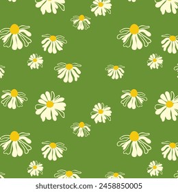 Summer Daisy Background Green Seamless Pattern Spring Blooming Wildflower Lush Foliage Ornament Wrapping Fabric Wallpaper Textile Mosaic