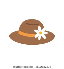 Summer daisy flower straw hat. Holiday, summertime, vacation, relax, travel, outdoor, accessory concepts. Flat decorative vector design isolated illustration.