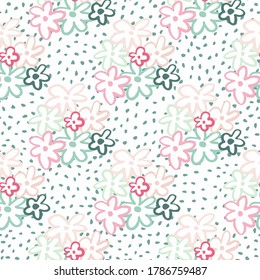 La margarita de verano da forma a un patrón de doodle impecable sobre fondo blanco con puntos. Flores con contornos rosas y azules. Fondo decorativo para papel pintado, papel envolvente, papel textil, tela. Vector