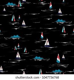 Summer dark night  Hand drawing colorful wind surf seamless pattern in vector. Flat style illustration. Summer beach surfing illustration in the ocean on black background. 