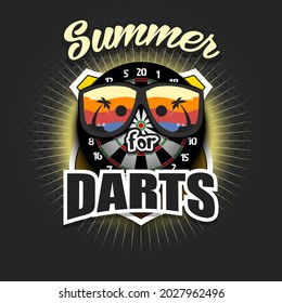 Summer dartboard logo. Summer for darts. Pattern for design poster, logo, emblem, label, banner, icon. Darts template on isolated background. Vector illustration