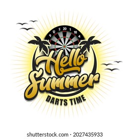 Summer dartboard logo. Hello summer. Darts time. Pattern for design poster, logo, emblem, label, banner, icon. Darts template on isolated background. Vector illustration