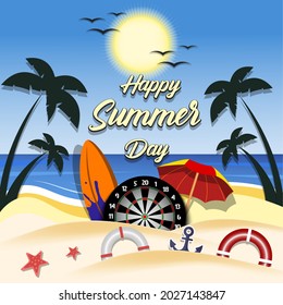 Summer dartboard poster. Happy summer day. Pattern for design poster, logo, emblem, label, banner, icon. Darts template on isolated background. Vector illustration