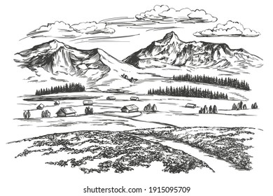 summer day, alpine village in the mountains, landscape, hand drawn vector illustration realistic sketch