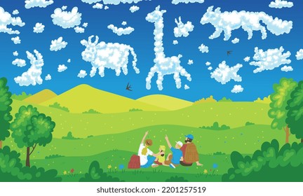 Summer day background with family admiring the clouds in form of animals. Banner with people in magical fantasy landscape with clouds, flat cartoon vector illustration.