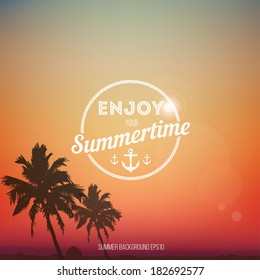 Summer day background with palm tree. Minimalistic multifunctional media backdrop. Vector. Editable. 