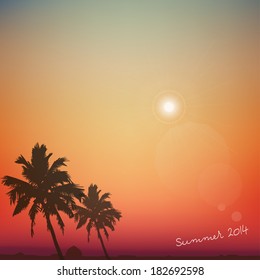 Summer day background with palm tree. Minimalistic multifunctional media backdrop. Vector. Editable. 