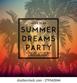 Summer day background with palm tree. Minimalistic multifunctional media backdrop. Vector. Editable. Summer dreams