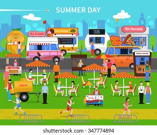 Summer day background with street food carts and park flat vector illustration 