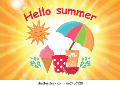 Summer day background vector.Summer poster.Summer Holidays.Hello Summer poster with beach items