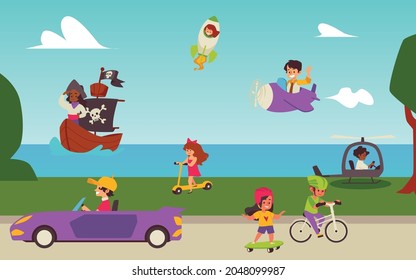 Summer day banner with kids riding on different types of land, marine and air transport, flat vector illustration. Children on ships and planes, bikes and scooters.