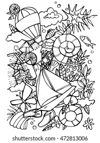 Summer day and beach. Hand drawn illustration in black and white colors. Coloring book page design for adults and kids