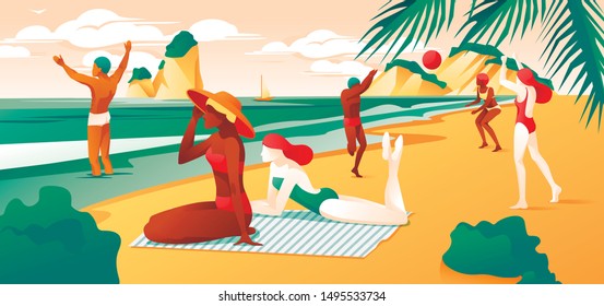 Día de verano en la costa del mar de playa. Caricatura Mujeres en traje de baño bikini. La Gente Juega Al Voleibol. Hombre en la ilustración del vector de agua. Ocean Shore Relax Resort. Recreación de la naturaleza. Vacaciones de viajes tropicales