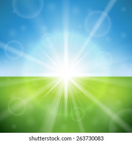 Summer day bright sun flare vector background.