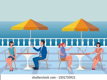 Summer day. Cafe by the sea. Men and women sit at tables and drink cocktails. Good mood, pleasant acquaintance. Tables, sun umbrellas, seashore. Flat illustration.