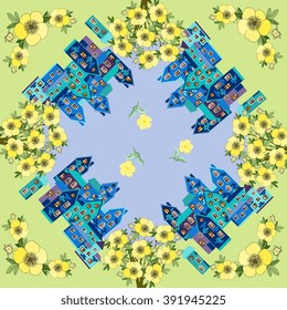 Summer day. Card with beautiful town surrounded by beautiful flowers. Bandana or silk neck scarf. Kerchief square pattern design style for print on fabric. Vector image.