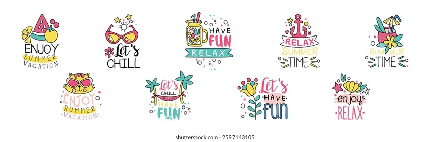 Summer Day Chill and Relax Sticker with Inscription Vector Set