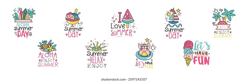 Summer Day Chill and Relax Sticker with Inscription Vector Set