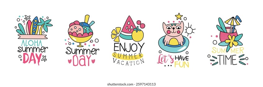 Summer Day Chill and Relax Sticker with Inscription Vector Set