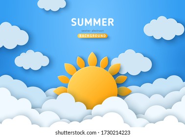 Summer day concept vector illustration. Cloudscape, blue sky with fluffy clouds and sun. Paper cut style. Place for text