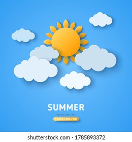 Summer day concept vector illustration. Cloudscape, blue sky with clouds and sun. Paper cut style. Place for text