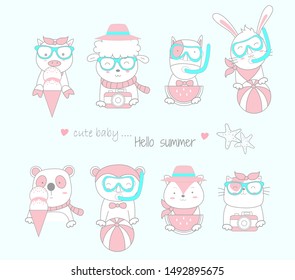 Summer day with cute animal. Cartoon sketch animal style