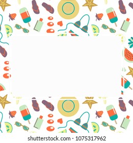 Summer day elements clip art set background - sun hat, starfish, ice cream, sunglasses, isolated. Banner, card, postcard template. Flat frame, border design colorful objects, vector illustration.