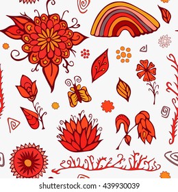 summer day elements set with flowers, rainbow and butterfly. stock vector. cartoon. seamless pattern