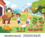 Summer day at farm. Garden with apple tree, chicken coop, garden beds, strawberries and tomatoes. Girl planting tomatoes, boy feeding a horse.