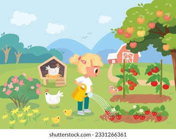 Summer day at farm. Garden with apple tree, swings, chicken coop, garden beds, strawberries and tomatoes. Girl planting tomatoes.