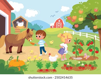 Summer day at farm. Garden with apple tree, chicken coop, garden beds, strawberries and tomatoes. Girl planting tomatoes, boy feeding a horse.