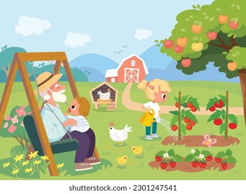 Summer day at farm. Old farmer sitting in a garden with grandparents. Garden with apple tree, swings, chicken coop, garden beds, strawberries and tomatoes. Girl planting tomatoes.