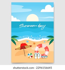 Summer day flyer design with beach and swim equipment and ocean illustration
