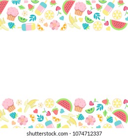 Summer day food elements clip art set with ice cream, watermelon, berries, cherry, banana, cupcake, flowers, leaves, isolated. Poster, banner, card template. Border frame design, vector illustration.