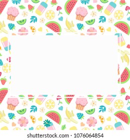 Summer day food elements clip art set with cupcake, ice cream, fruits, berries, flowers frame background, isolated. Hand drawn banner, card, postcard border template. Flat design, vector illustration.